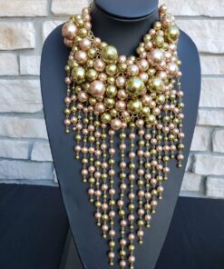 Pink and Green Fringe Pearl Cluster Necklace Set