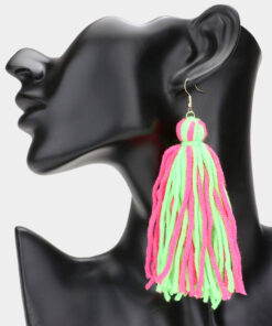 "Color Me Pretty" Yarn Fringe Earrings - Pink & Green