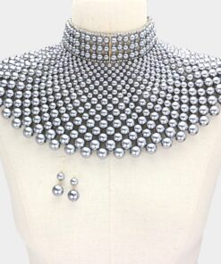 Dark Silver Pearl Bib Choker Necklace & Earring Set