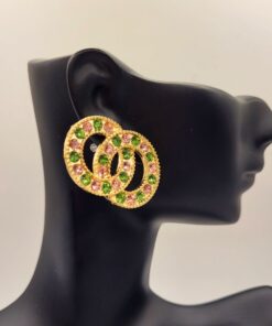 Double Circle Pink & Green Rhinestone Earrings
