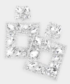 Silver Multi Stone Embellished Square Earrings