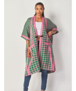 Pink & Green Houndstooth Shawl/ Poncho